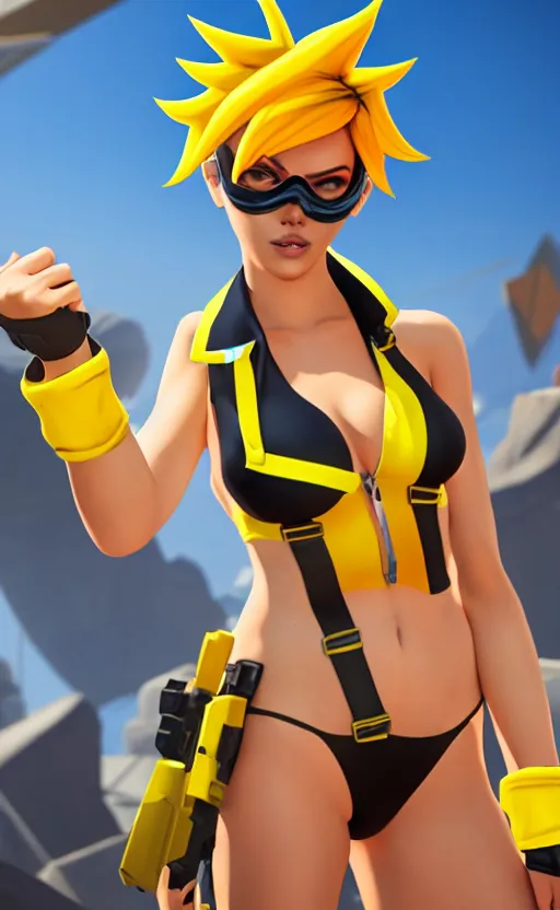 prompthunt: tracer game character, in yellow bikini, blonde hair