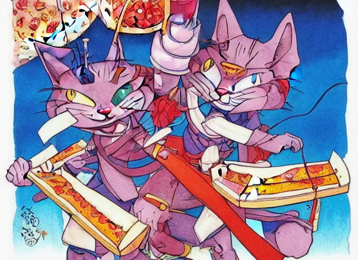 Image similar to samurai pizza cats, ink and watercolor illustration masterpiece, perfectly realistic yet surreal, by ryan ottley and mœbius