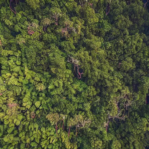 Prompt: drone photograph of tigers fleeing deforestation in the jungle