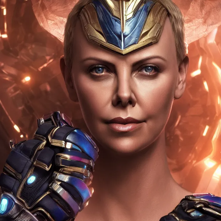 Image similar to portrait of Charlize Theron, wearing The Infinity Gauntlet. intricate artwork. octane render, trending on artstation, very coherent symmetrical artwork. cinematic, hyper realism, high detail, octane render, 8k, iridescent accents