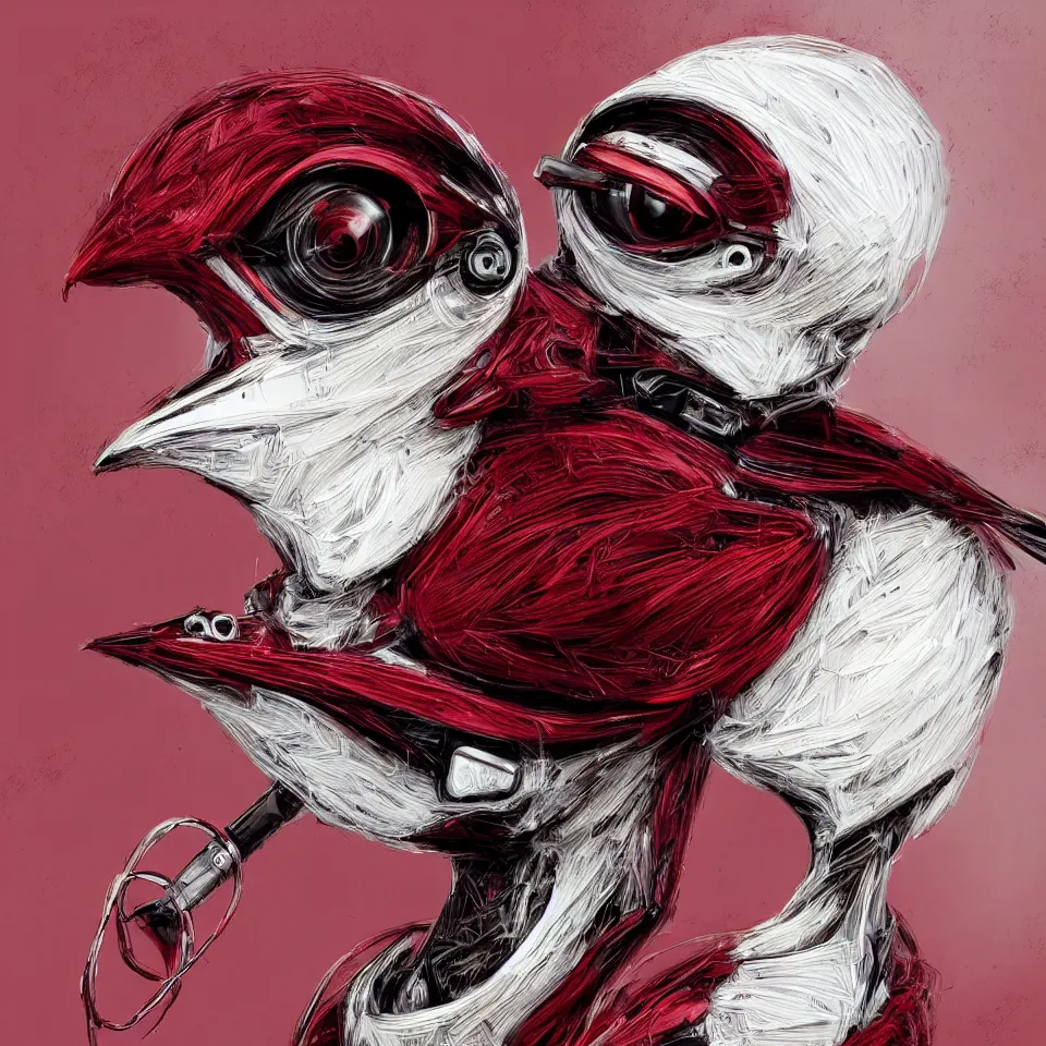 Prompt: beautiful artistic highly detailed portrait robotic bird, with head phones, digital painting, digital art, beautiful, cinematic, 4 k, ultra hd, art by frank miller, dynamic lighting, gradient dark red, cream and white color scheme