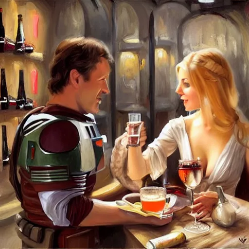 Image similar to (Boba Fett) and a beautiful young blonde drinking beer in a wine cellar, food, meat, schnapps, torches on the wall, romantic, inviting, cozy, painting by Vladimir Volegov