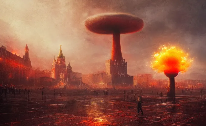 Prompt: nuclear explosion with realistic nuclear mushroom in Red Square Kremlin, cinematic shot, extremely high detail, photo realistic, cinematic lighting, post processed, artstation, matte painting, digital painting, art by Greg Rutkowski