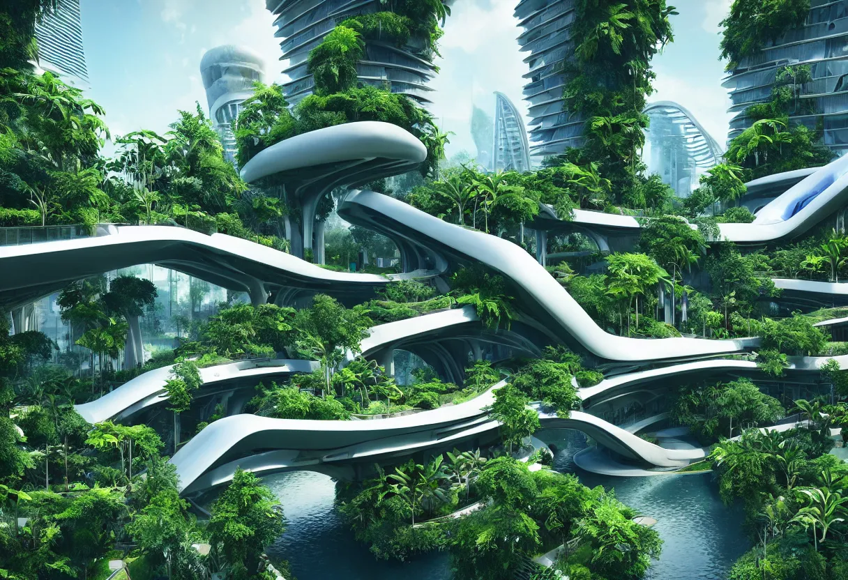 Image similar to futuristic architecture by zaha hadid, multi storey, connecting bridges, covered in lush foliage, surreal, ethereal bohemian garden, middle of gardens, cinematic shot, central square water feature, building inside the water, unreal engine, photorealistic, octane render