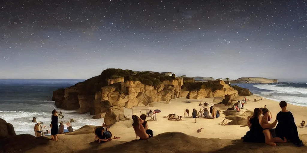 Image similar to beautiful oil matte portrait painting, people watching the stars at a portuguese cliff beach, wonderful masterpiece highly detailed, beautiful cinematic light deep focus, elegant, digital painting, smooth, sharp focus, golden ratio, dramatic illumination, ultra realistic, 8 k, art by artemisia lomi gentileschi and caravaggio