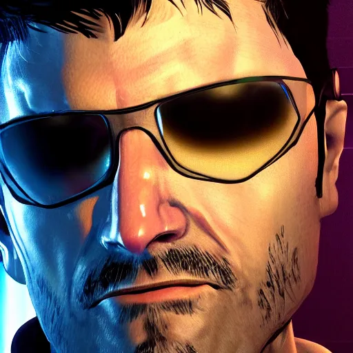 Image similar to portrait of JC Denton from the game Deus Ex, highly detailed face