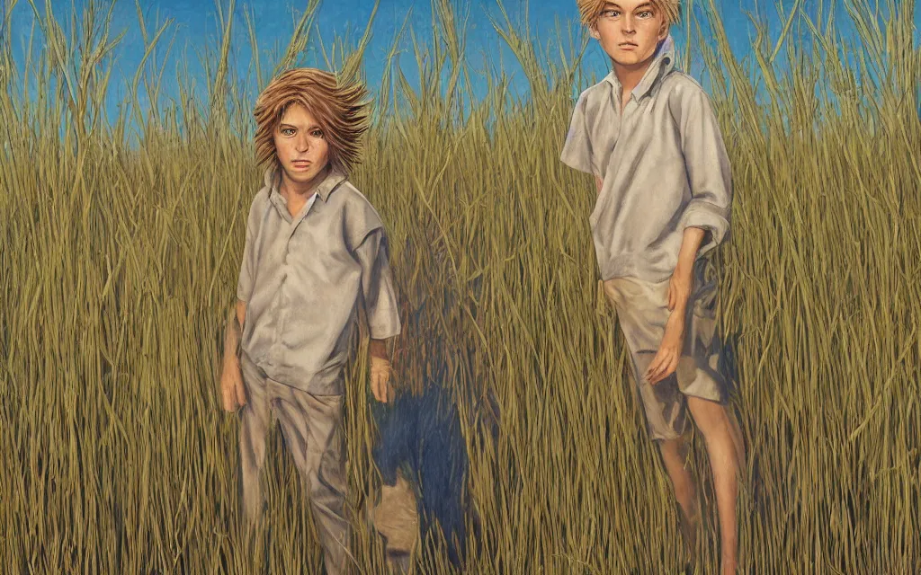 Prompt: the sandman as a young boy, standing in a field of tall grass with the wind blowing through his hair by brian despain and joseph stella