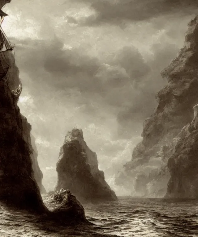 Image similar to photorealistic sepia painting of a pirate ship sailing in front of a tropical island cliff with the mouth of a grotto at the waterline, dark, brooding, atmospheric, lovecraft, by dave dorman