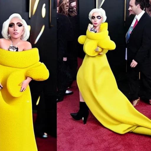 Image similar to lady gaga wearing a cheese based dress