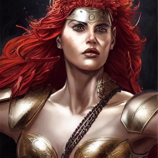 Image similar to greek amazon warrior, a tall beautiful woman with bronzed skin and short red hair, dressed in hellenistic body armour, intricate, elegant, highly detailed, smooth, sharp focus, detailed face, high contrast, graphic novel, art by ardian syaf,