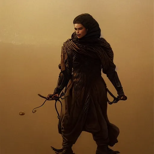 Image similar to a stunning hyperrealistic character from the movie Dune walking through an arid minimalistic desert with harsh noon sunlight, award-winning, masterpiece, in the style of Tom Bagshaw, Cedric Peyravernay, Peter Mohrbacher