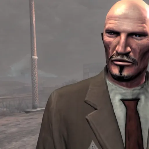 Prompt: Close up screenshot of Janusz Korwin-Mikke in the game Fallout: New Vegas (2010), screenshot from Fallout: New Vegas (2010)