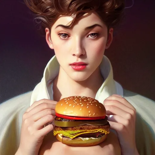 Prompt: portrait of lawrence olivier eating hamburgers, extra onions and ketchup, luscious patty with sesame seeds, feminine ethereal, handsome, d & d, fantasy, intricate, elegant, highly detailed, digital painting, artstation, concept art, matte, sharp focus, illustration, art by artgerm and greg rutkowski and alphonse mucha