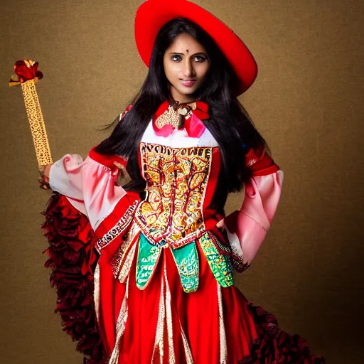 Prompt: Studio Photo of a beautiful female Indian model in a Mariachi costume, 4k resolution, 88mm lens, 8k