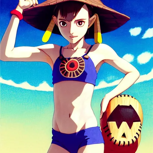 Image similar to beautiful boyish natalie portman gravure model in majora's mask, wearing wooden mask and baseball cap and leotard, street wear with subtle mayan patterns, aztec bathing suit, gapmoe yandere grimdark, trending on pixiv fanbox, painted by greg rutkowski makoto shinkai takashi takeuchi studio ghibli, akihiko yoshida