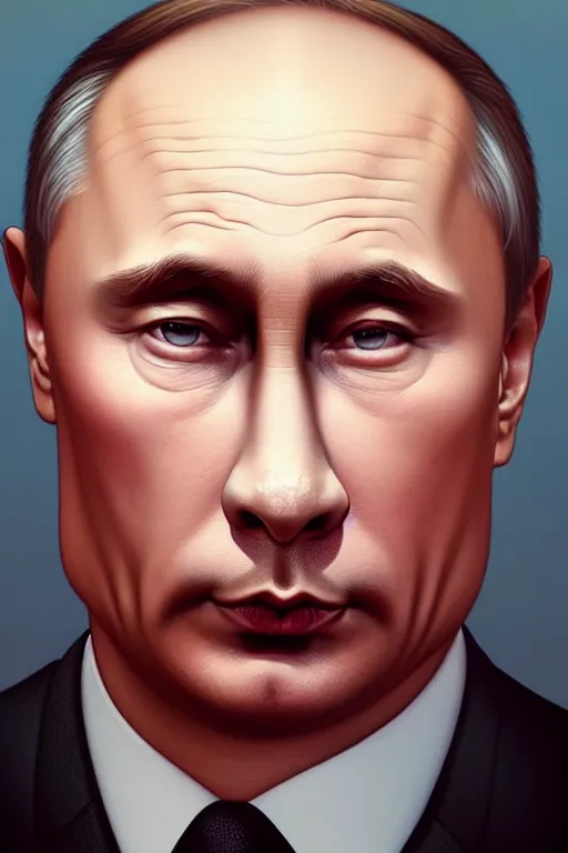 Image similar to vladimir putin with kim jong un hairstyle, realistic portrait, symmetrical, highly detailed, digital painting, artstation, concept art, smooth, sharp focus, illustration, cinematic lighting, art by artgerm and greg rutkowski and alphonse mucha