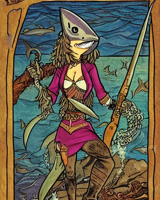 Prompt: a shark pirate queen with iridescent coloring and holding melee weapons by ivan bilibin