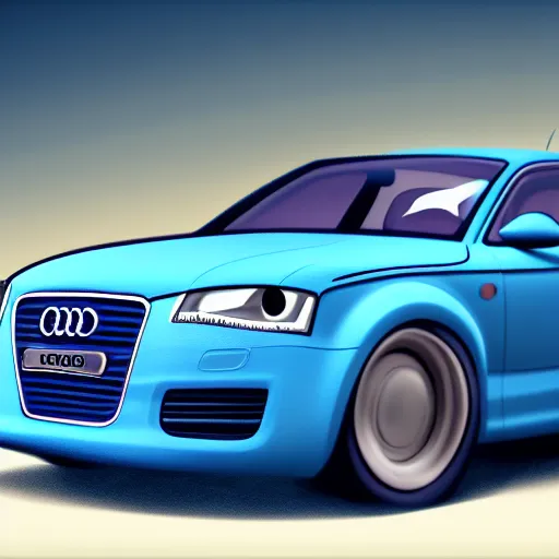 Image similar to very cute, disney pixar Cars character concept artwork, Denim Blue Audi A4 B6, 3d concept, high detail iconic character for upcoming film, 8k octane render, unreal engine