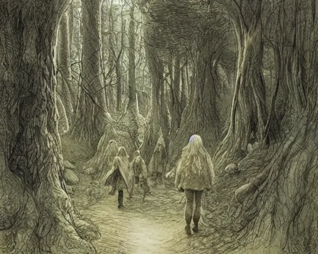 Prompt: a valley with tall trees and two hobbits walking through the forest, by Tolkien and Alan Lee