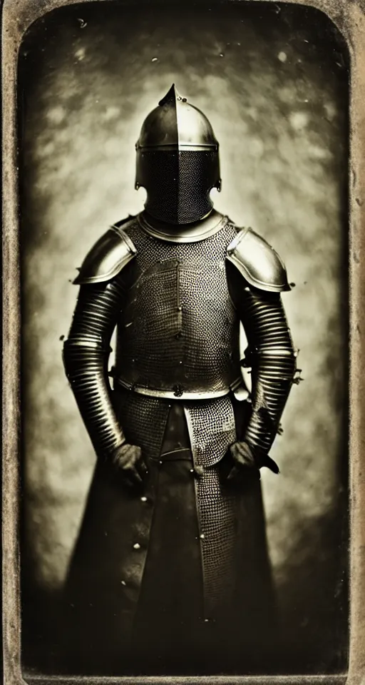 Prompt: a wet plate photograph, a portrait of an old knight