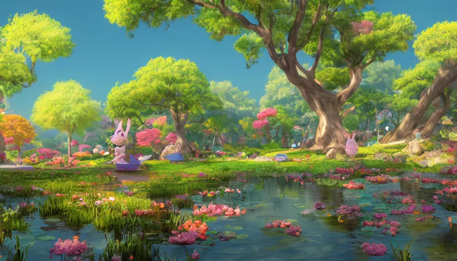 Image similar to a colorful easter land with a pond, beautiful ancient trees, hiding large treasure chest, serene evening atmosphere, soft lens, soft light, cel - shading, animation, in the style of cgsociety, deviantart, artstation, zbrush, cinema 4 d, studio ghibli, akihiko yoshida, atelier lulua, masamune shirow