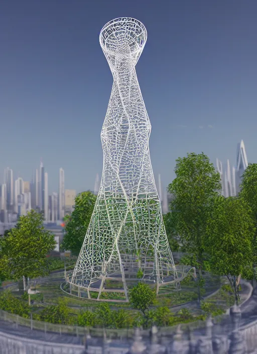 Image similar to highly detailed realistic architecture 3 d render of a stele shukhov tower with rouble icon inside standing in a city park, archdaily, made in unreal engine 4 octane render