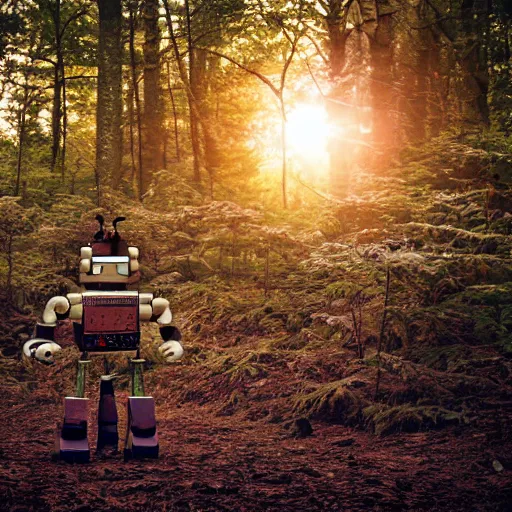 Prompt: ”detailed robot in beautiful forest in the sunrise”