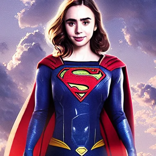 Image similar to a potrait of Lily Collins as Supergirl with man of steel suit style by Greg Rutkowski, Sung Choi, Mitchell Mohrhauser, Maciej Kuciara, Johnson Ting, Maxim Verehin, Peter Konig, 8k photorealistic, cinematic lighting, HD, high details, dramatic, trending on artstation, full body shot