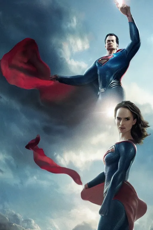 Image similar to a cinematic portrait of Man of Steel flying cast as Natalie Portman by Greg Rutkowski, full body shot