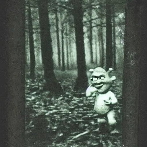 Image similar to 1 9 6 0's old polaroid of shrek staring from the depths of the dark gloomy forest, photorealistic, grainy, found footage, old film, low quality, horror, creepy, unsettling, liminal, strangely terrifying