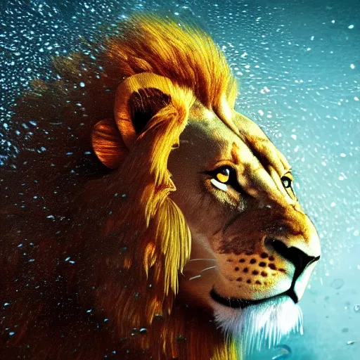 Image similar to a male lion's face breaching through a wall of water, headshot, water sprites, splashing, deep blue ocean, highly detailed, realistic digital art, trending on artstation