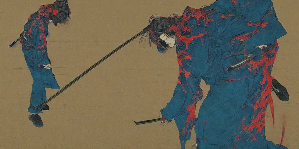 Image similar to Japanese schoolgirl runs away from Samurai with a katana on the subway, high detailed Beksinski painting, part by Adrian Ghenie and Gerhard Richter. art by Takato Yamamoto. deep colours, blue