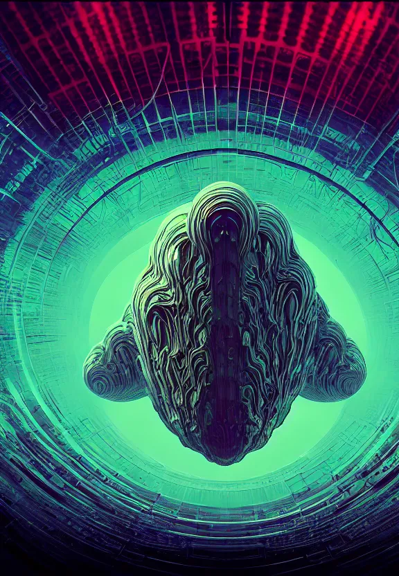 Prompt: a sky view of the most beautiful and massive intrincate chrome alien spaceship emerging from a fractal worm hole, horror, holographic, synthwave color palette, cinematic, volumetric fog, risographic, digital art, 4 k, vintage sci - fi, inspired by moebius, inspired by thimbwhite, inspired by h. r. giger