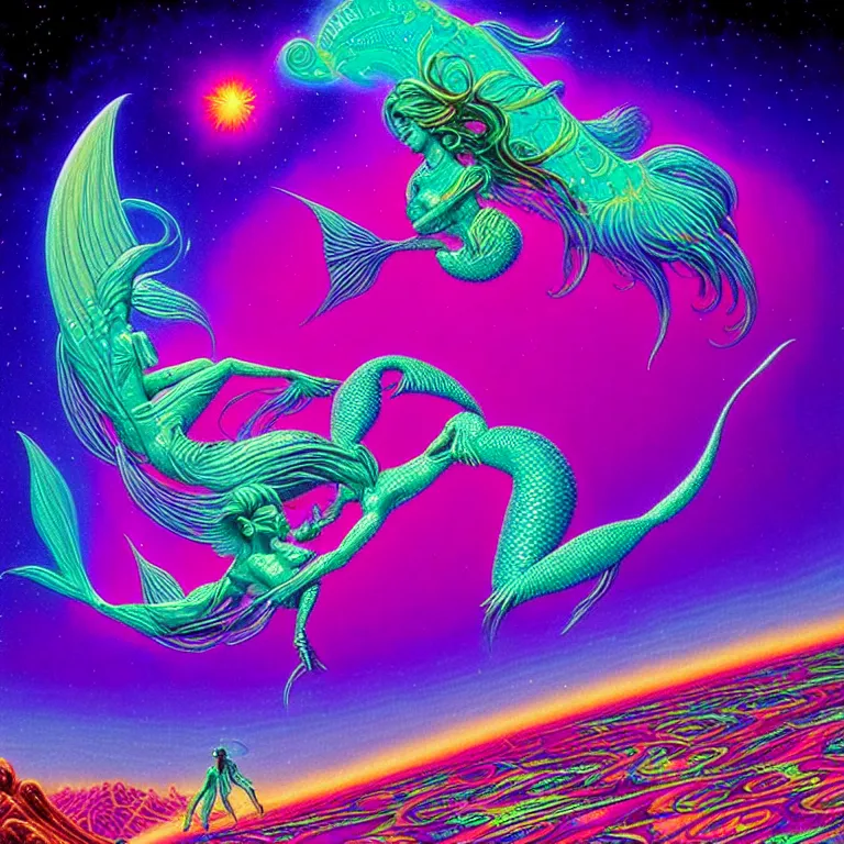 Prompt: cosmic mermaid over infinite crystal temples, ( ( ( synthwave ) ) ), ( ( fractal waves ) ), bright neon colors, highly detailed, cinematic, tim white, roger dean, michael whelan, caza, bob eggleton, philippe druillet, vladimir kush, kubrick, alfred kelsner, isono, vallejo