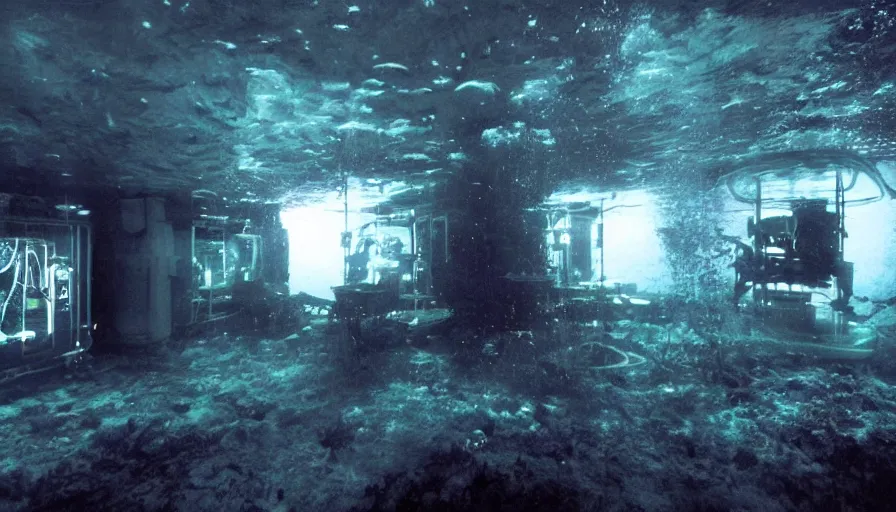 Image similar to Big budget horror movie, an underwater biolab run by cyborgs, deep in the ocean, dark and gloomy