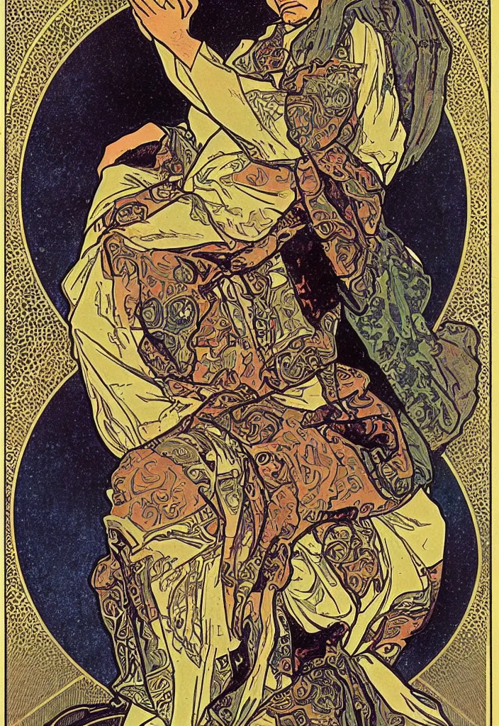 Image similar to Yann LeCun sitting on the throne on a tarot card, illustrated on the Rider–Waite tarot, art style by Alphonse Mucha