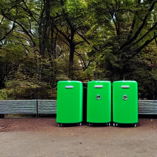 Image similar to green refrigerator on a leash in central park