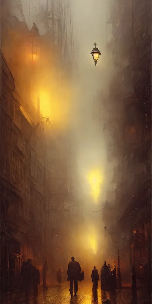 Image similar to a street of a city in 1 9 4 0 with yellow light on from the windows during the night, a men stand up under a light, steam punk, mystical red fog, oil on canvas, art by andreas achenbach, clemens ascher, tom bagshaw and sabbas apterus,