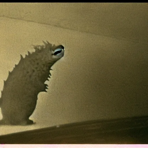 Prompt: rare vintage footage of Godzilla, overshadowing Kim Jong-il, obscured underexposed view