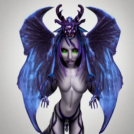 Prompt: “ gothic blue skinned succubus demon with horns, hyperrealistic, detailed ”