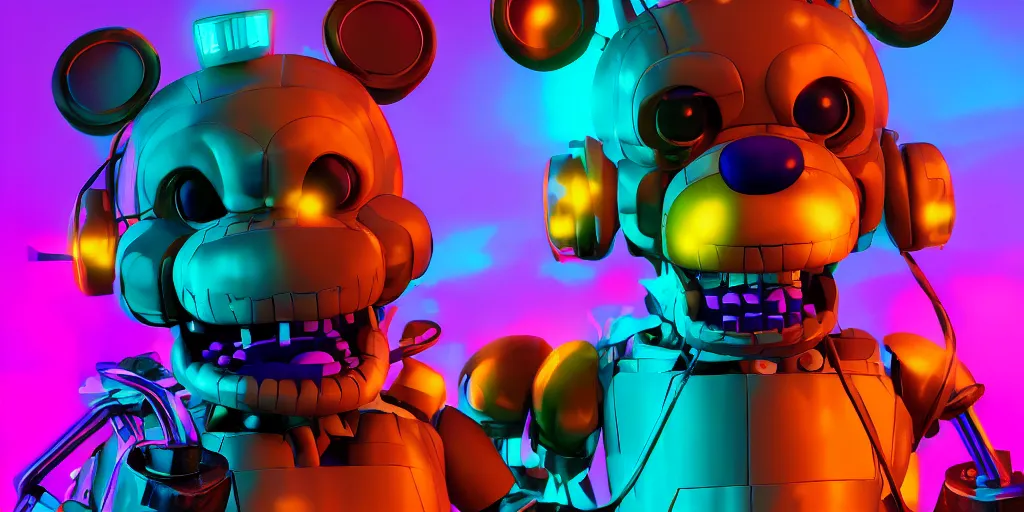 Image similar to fnaf freddy, cyberpunk, rgb, neon, hd, cinematic,