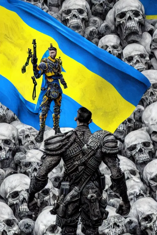 Prompt: a distant shot from behind of a Ukrainian super soldier with blue and yellow flag behind him standing alone on a huge pile of skulls as a winner, masculine muscular figure, D&D, fantasy, intricate, elegant, highly detailed, extremely detailed, digital painting, artstation, concept art, matte, smooth, hyper realistic, sharp focus, illustration, art by Artgerm and Greg Rutkowski and Alphonse Mucha