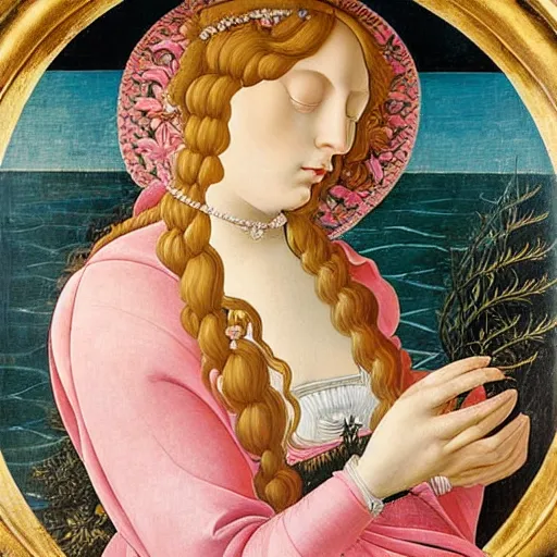 Image similar to an ultradetailed mythological oil painting of a beautiful woman with long brown hair, full body, wearing pink floral gown, lying asleep inside a giant scallop shell, near the seashore, intricate lines, elegant, renaissance style, by sandro botticelli