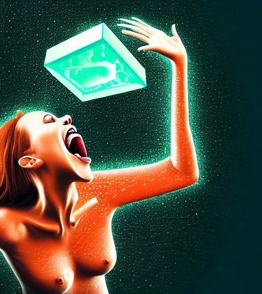 Prompt: biomorphic woman screaming with joy inside a gelatinous cube of aspic of electronics, extremely detailed masterpiece, atmospheric, shadowy, cinematic, digital art, 4 k