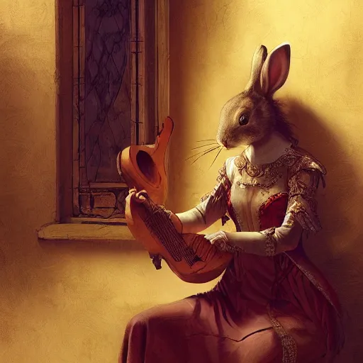 Image similar to A beautiful anthropomorphic rabbit woman in a dress plays the lute, artstation, highly detailed, greg rutkowski