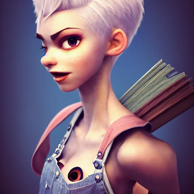 Image similar to full body pose, beautiful adult fairy, pixar, short white hair shaved sides, dirty, grungy, grunge, long sleeve, painted overalls, stacks of giant books, highly detailed, 4 k, hdr, smooth, sharp focus, high resolution, award - winning photo, artgerm, photorealistic