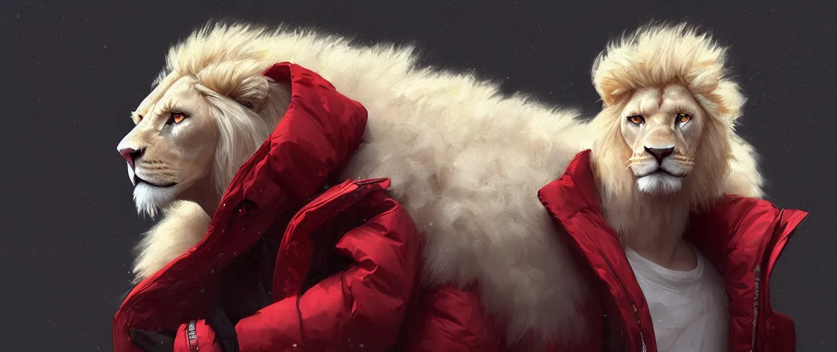 Image similar to commission portrait of a male anthro albino lion wearing a red-black puffer jacket.dramatic,character design by charles bowater,greg rutkowski,ross tran,hyperdetailed,hyperrealistic,4k,deviantart,artstation,professional photography,concept art