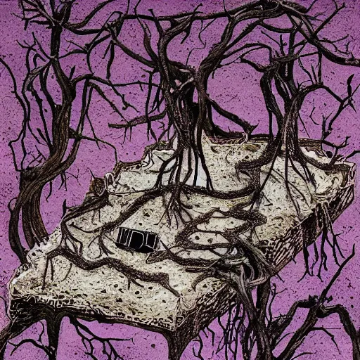 Prompt: spinal landscape at night, constellations, dead vines, deterioration, porous ground, in the style of ralph steadman, highly detailed, muted purples, C 10.0