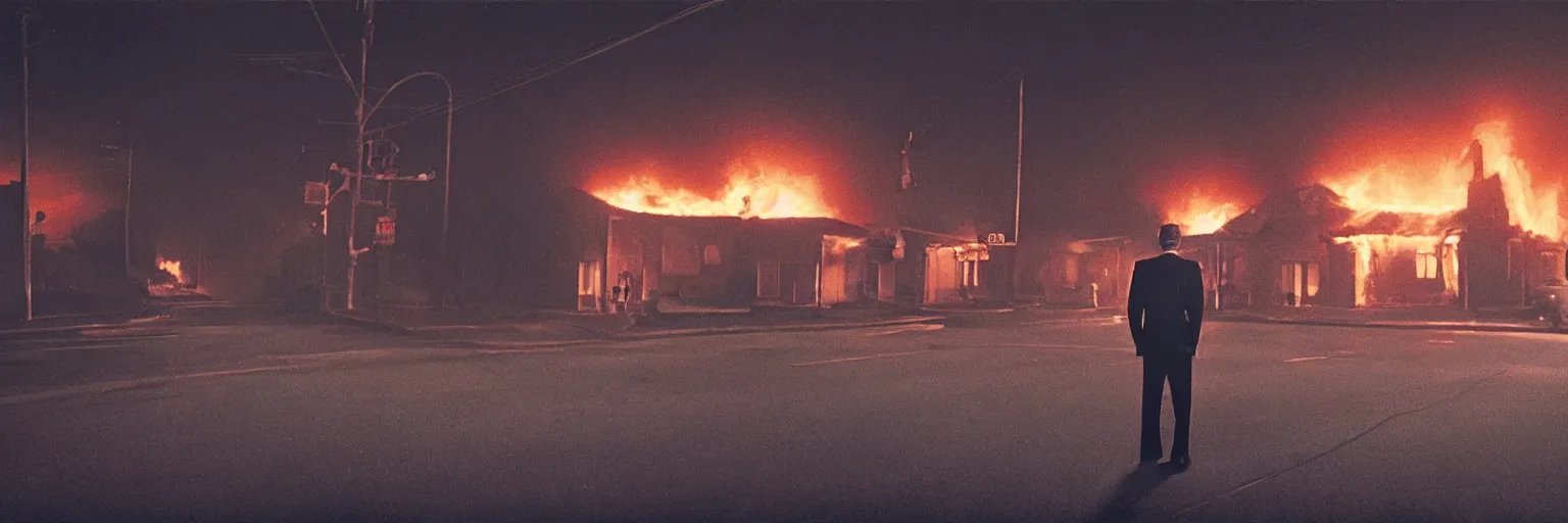 Prompt: medium format photo, cinema still from david lynch movie, sleazy man watching night streets while a single house burns in the background of suburbia, haze, americana, high production value, intricate details, 8 k resolution, hyperrealistic, hdr, photorealistic, high definition, high details, tehnicolor, award - winning photography, masterpiece, amazing colors