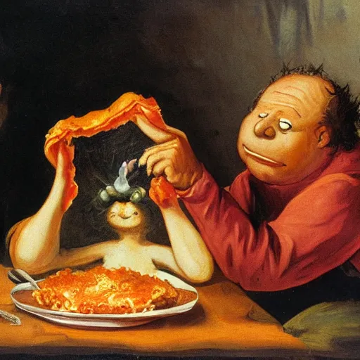 Image similar to garfield devouring a piping hot lasagna in the style of goya's saturn devouring his child